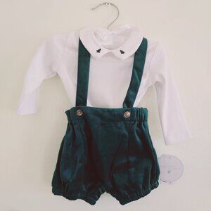 🏷Edgehill Collection Baby Boy Peter Pan Long Sleeve Velvet Shortall Set Green